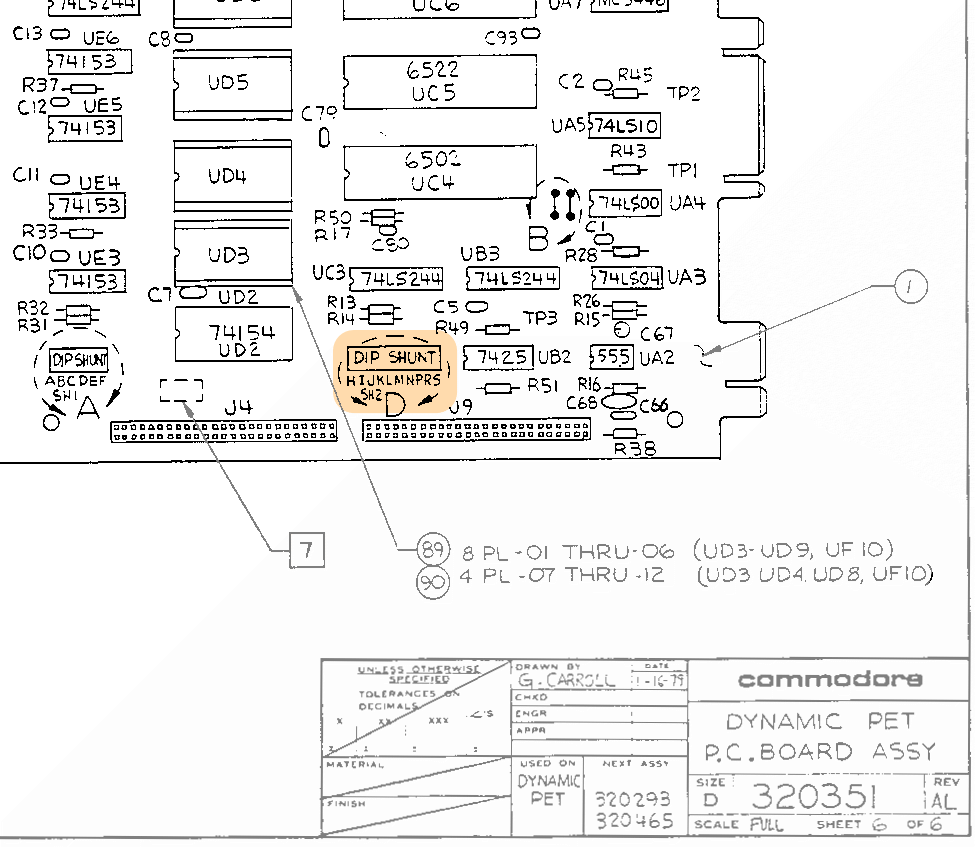 PET  2001N dynamic board: jumpers (schematic)
