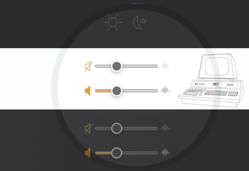 Title illustration: dark mode control and slider elements of the PET 2001 emulator