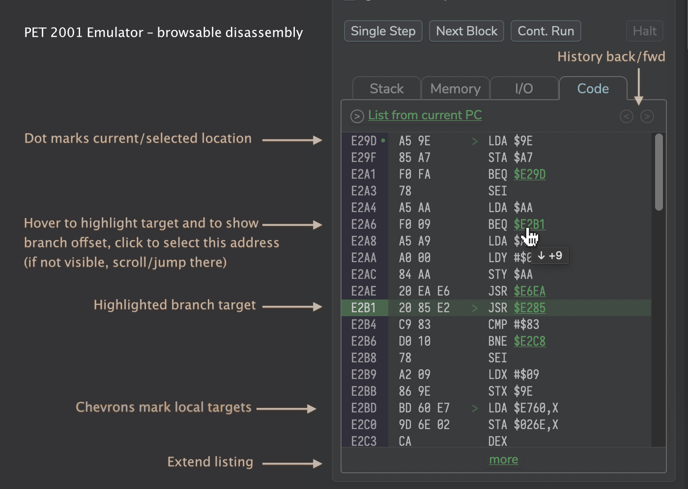 PET  2001 debugger: code view / disassembly