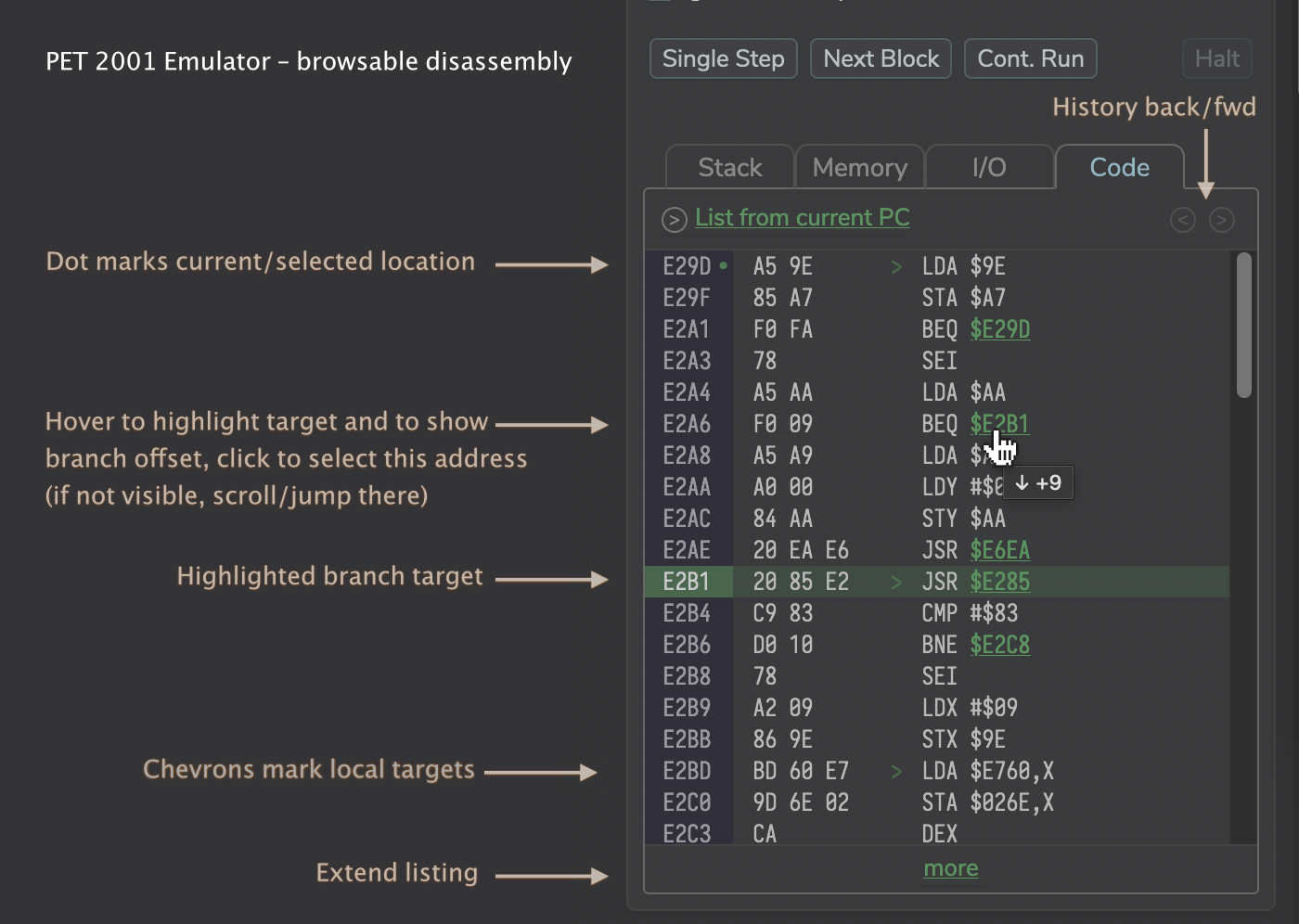 PET 2001 debugger: code view / disassembly