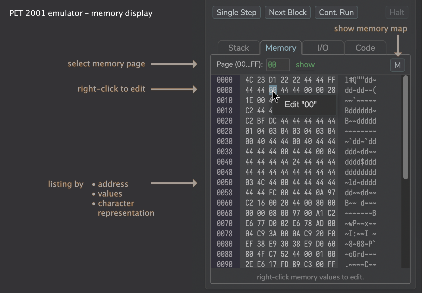 PET  2001 debugger: stack view