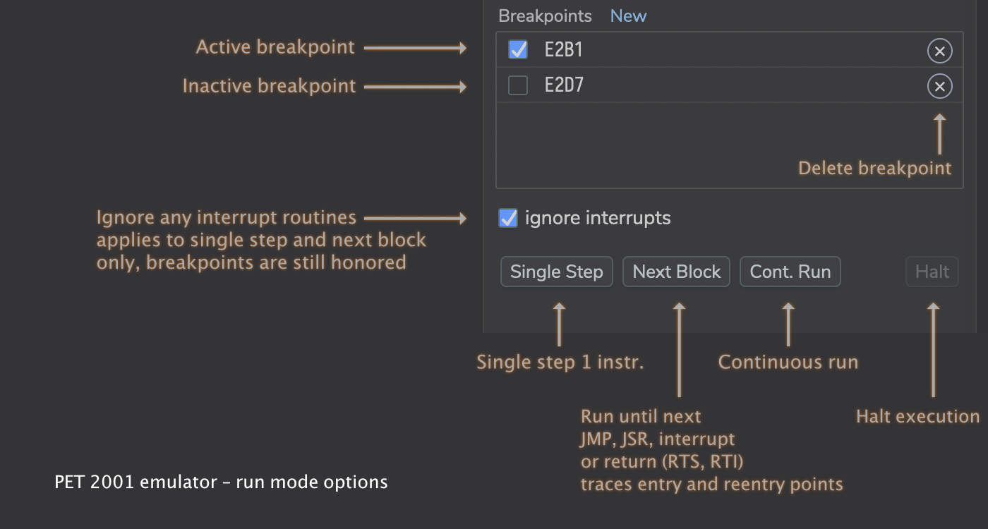 PET 2001 debugger: run options