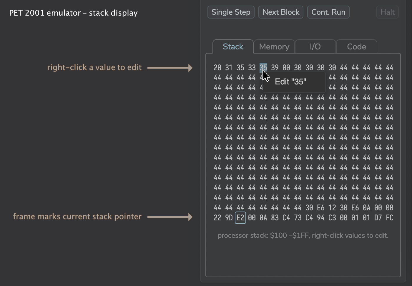 PET  2001 debugger: stack view