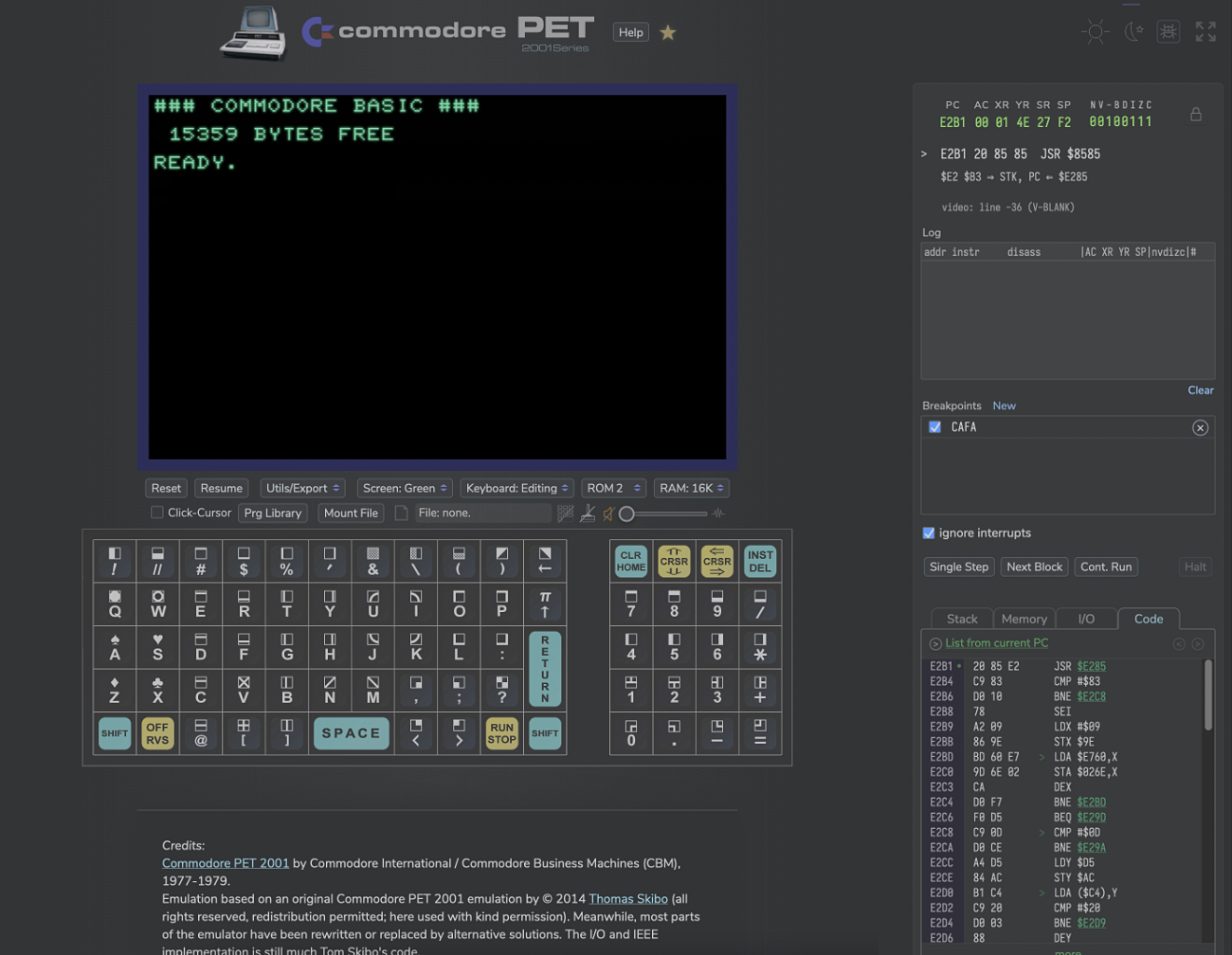 PET 2001 emulator with debugger