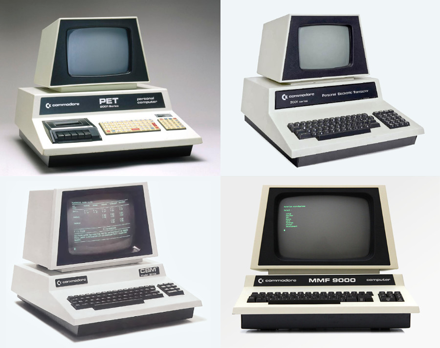 various models of the Commodore PET computer arranged in quadrants of the image