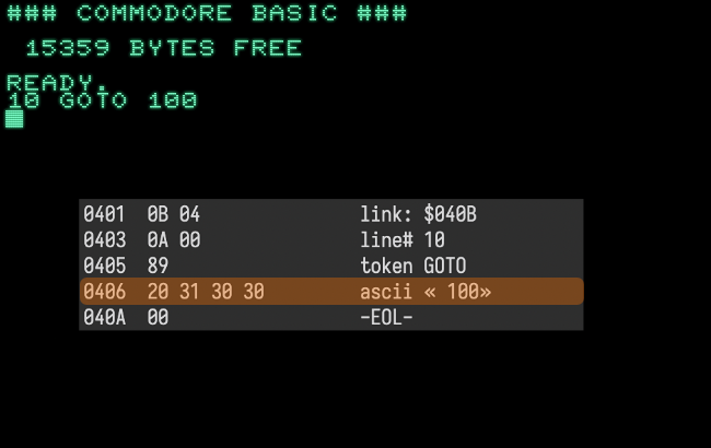 Screenshot, containing the BASIC program '10 GOTO 100' and a disassembly of the program in memory (see below)