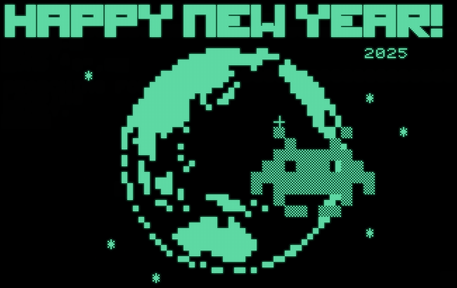 A monochrome screen with PETSCII graphics showing the globe and a some stars and a large-pixel Space Invader in the front, intersecting the globe. A heading in fancy lettering reads "Happy New Year".