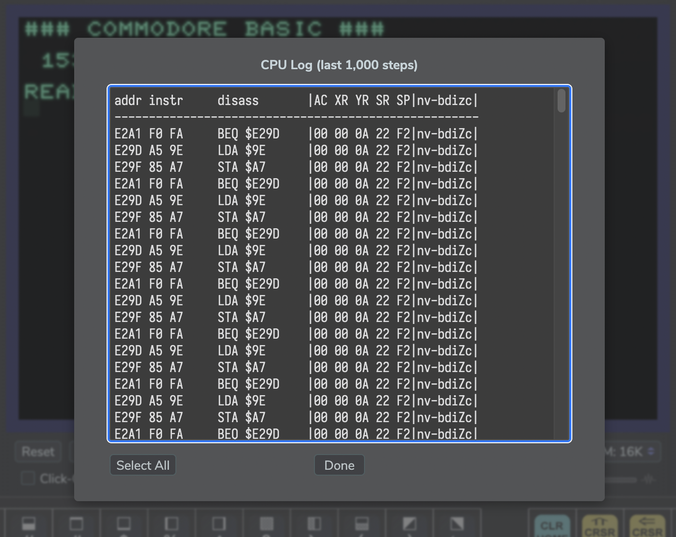 PET 2001 emulator: CPU log.