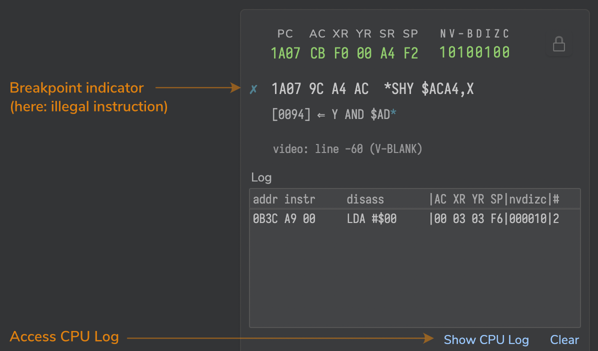 CPU-readout and mini-disassembly with the breakpoint indicator.