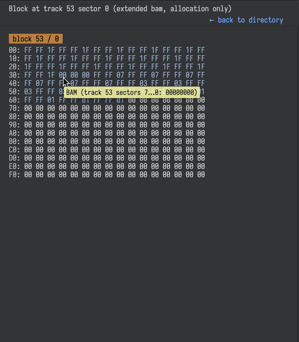 Screenshot: 2nd BAM for tracks 36-70 on the D71 format and the preallocated blocks of track 53.