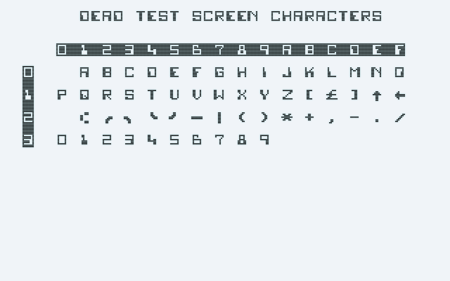 Chart of the characters implemented by the C64 Dead Test diagnostic cartridge by screen code.