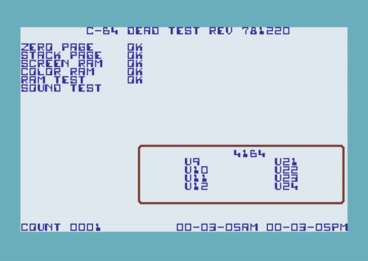 Screenshot of the C64 Dead Test diagnostic cartridge (processed)