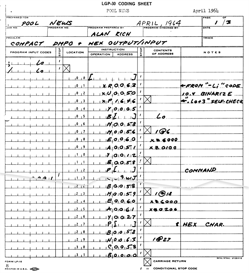 LGP-30 Coding Sheet (1964)