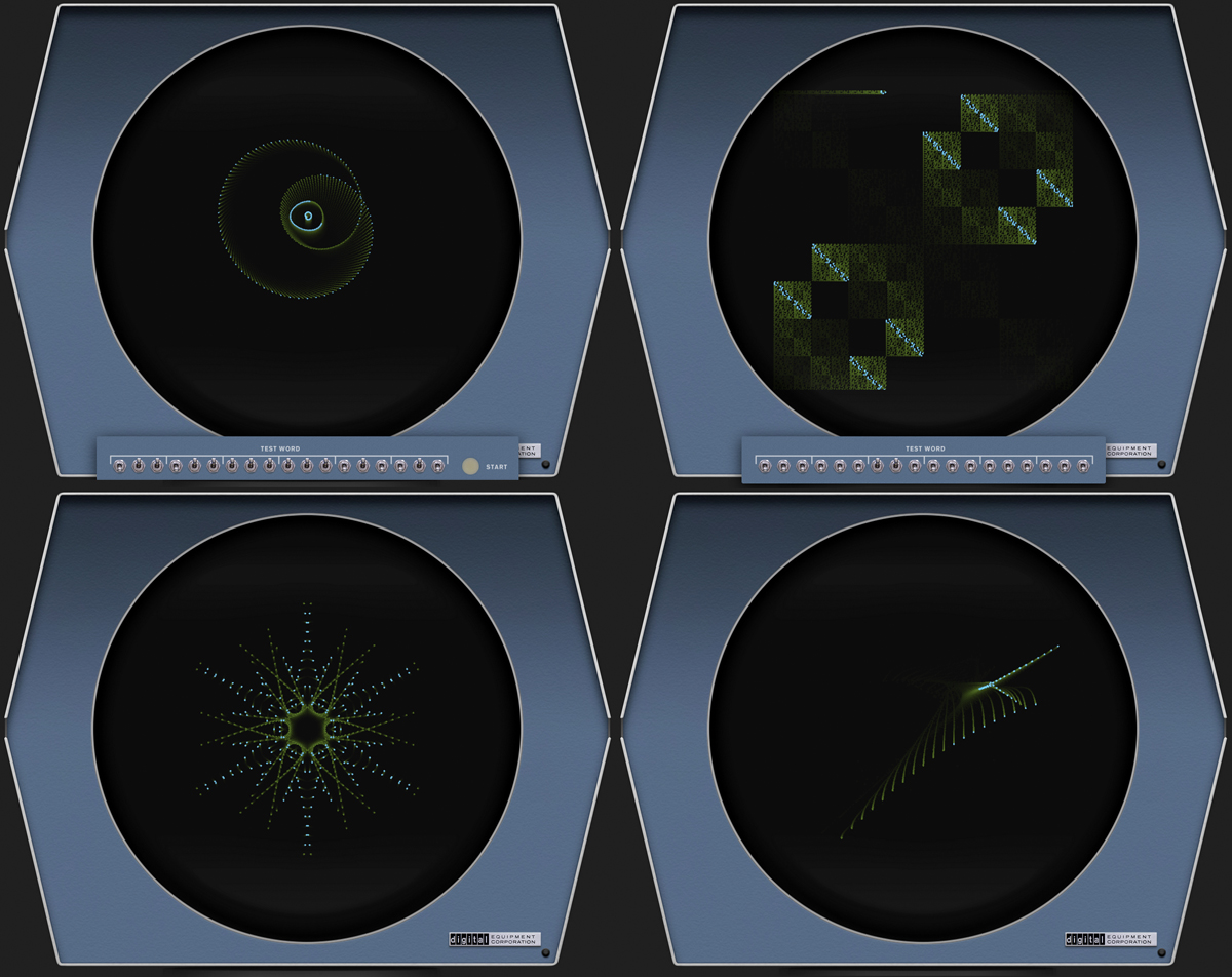 PDP-1 emulation, running several 1960s graphics demos (Minskytron, Munching Squares, Snowflake)