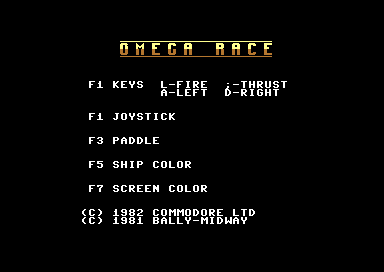 Omega Race, title screen of the dedicated C64 cartridge.