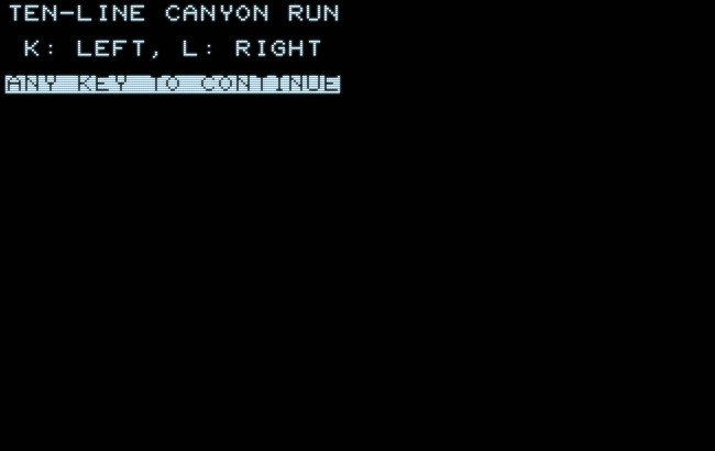 PET 2001 Ten-Line Canyon Run: title screen