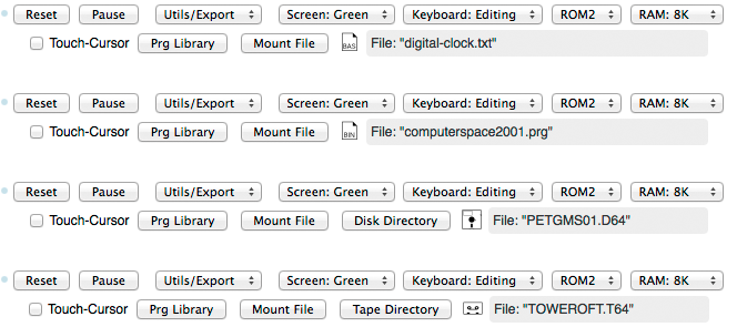 PET 2001 emulation: toolbar and mounted media.