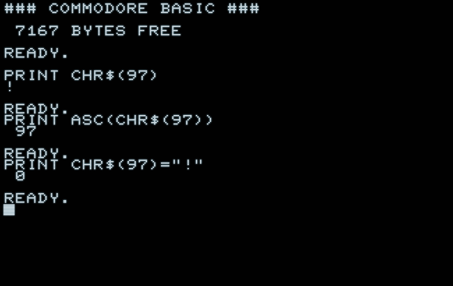 Asserting string operations with Commodore PETSCII (PET 2001).