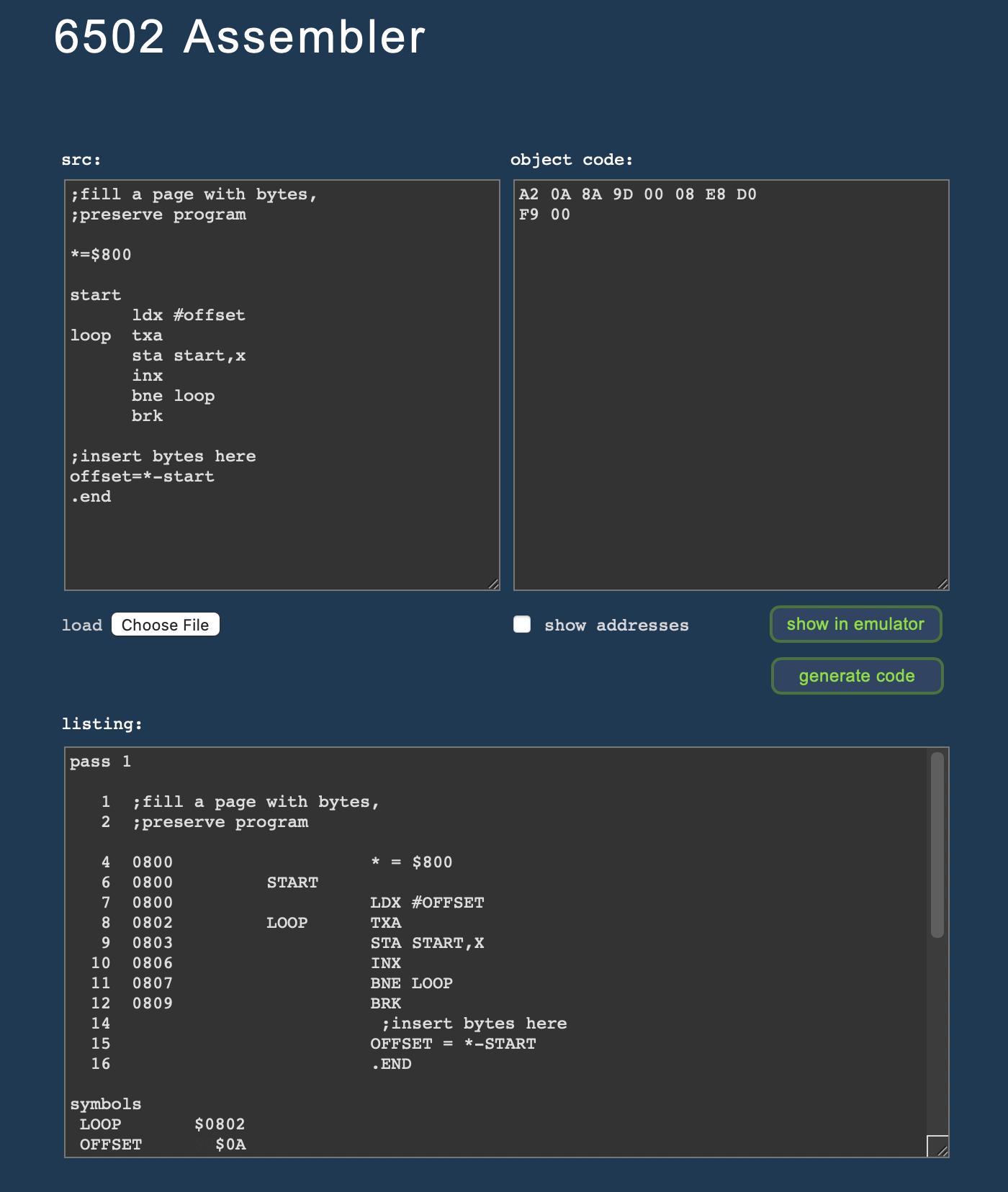 Virtual 6502 assembler