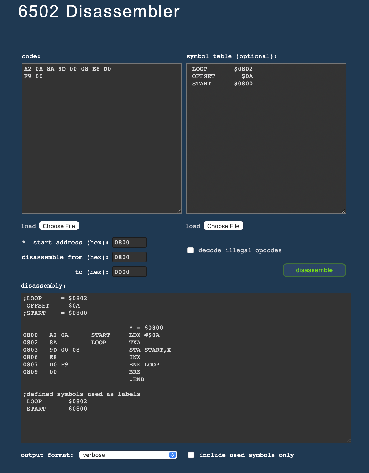 Virtual 6502 disassembler