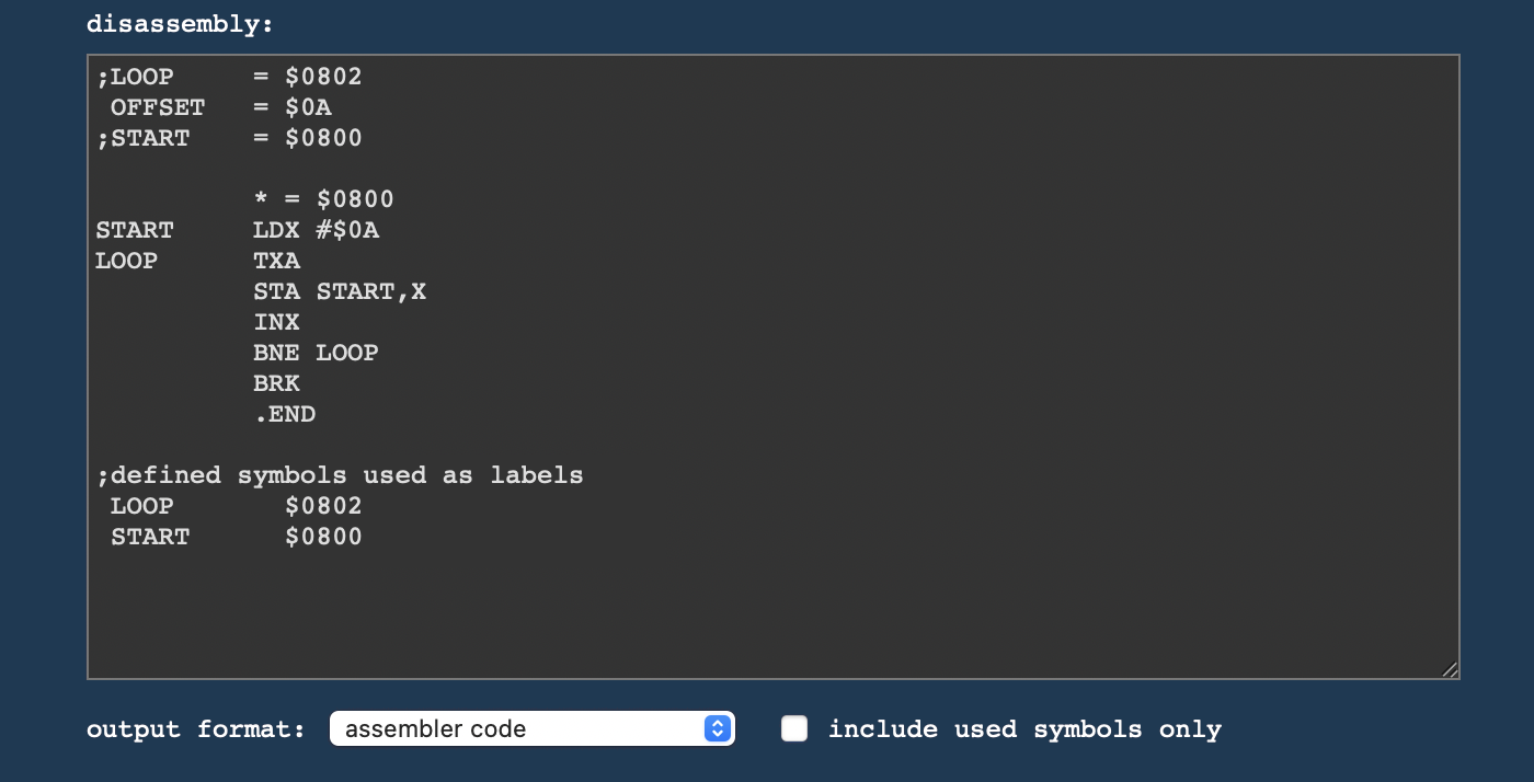 Virtual 6502 disassembler, alternative output format