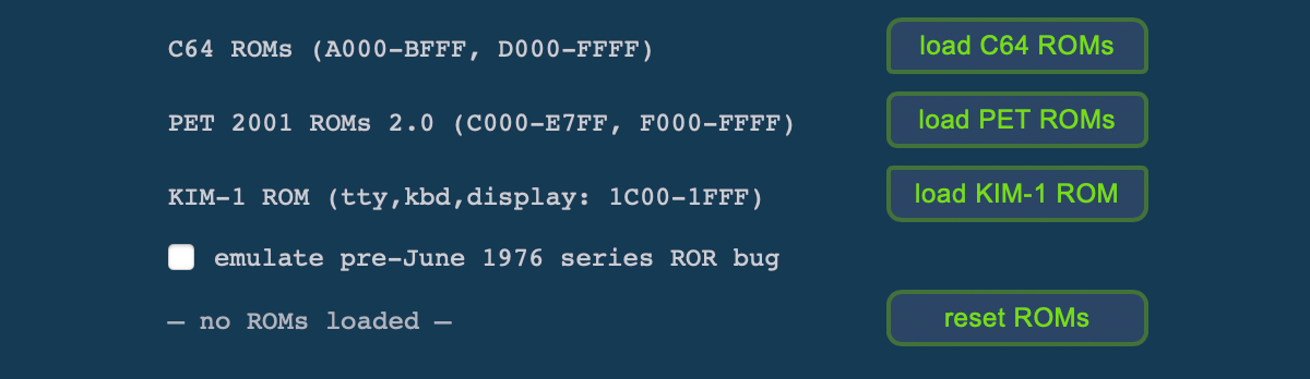 Virtual 6502 emulator: KIM-1 ROM and ROL-bug emulation options