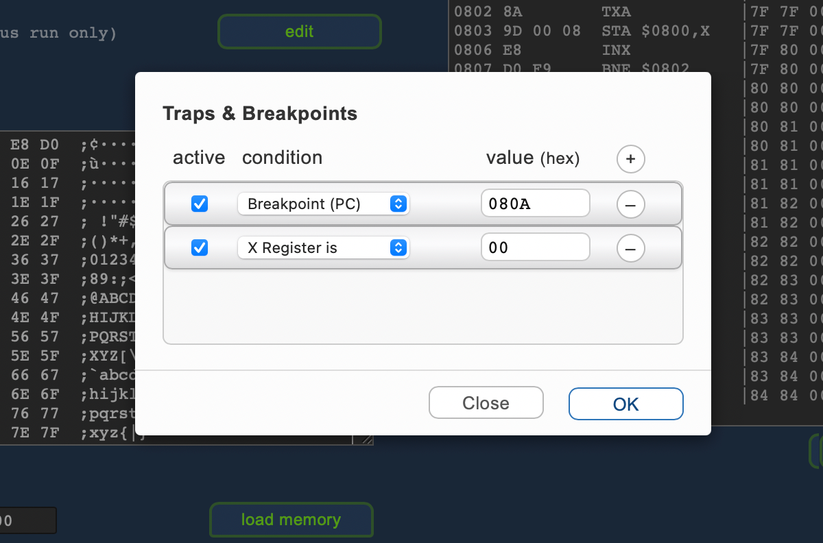 Virtual 6502 emulator: traps and breakpoints editor