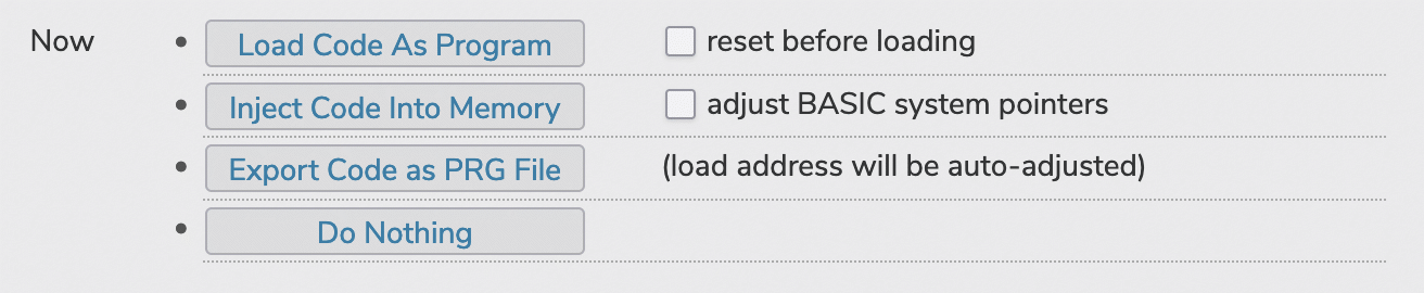 Options provided by the PET 2001 emulator for a successful assembly.