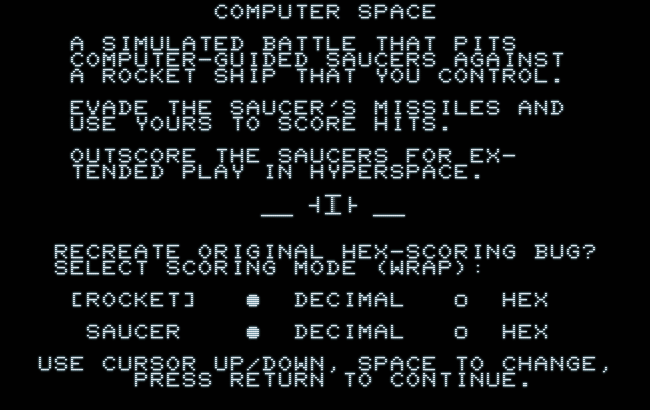 Personal Computer Space Transactor 2001, info & setup screen