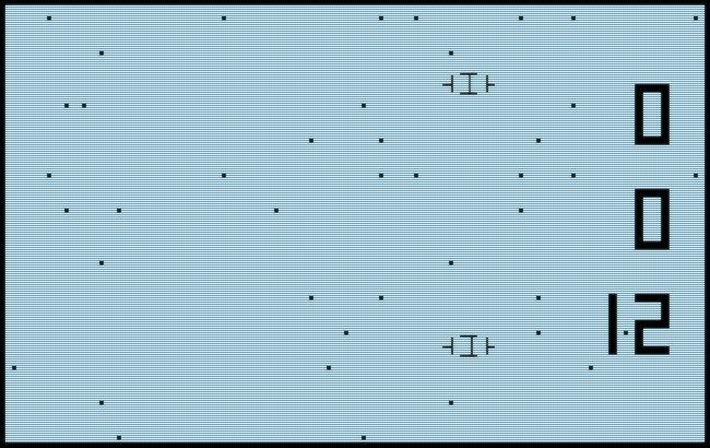 Saucers/attract screen in Personal Computer Space Transactor 2001 (reverse video)