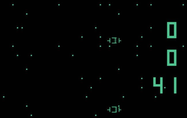 Saucers/attract screen in Personal Computer Space Transactor 2001 (green phosphor)