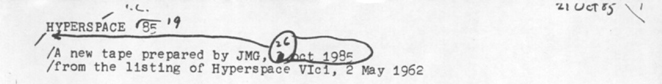 Heading comments of the original listing of the hyperspace85 patch for Spacewar! 2b. Heading comments of the original listing of the hyperspace85 patch for Spacewar! 2b.